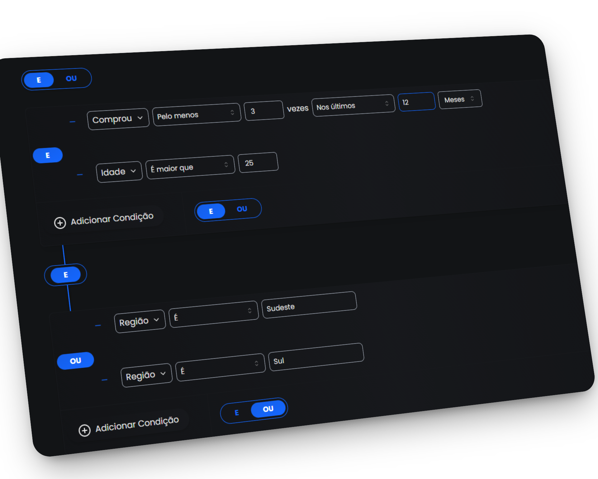 Tela de Segmentação Avançada do CRM Kora